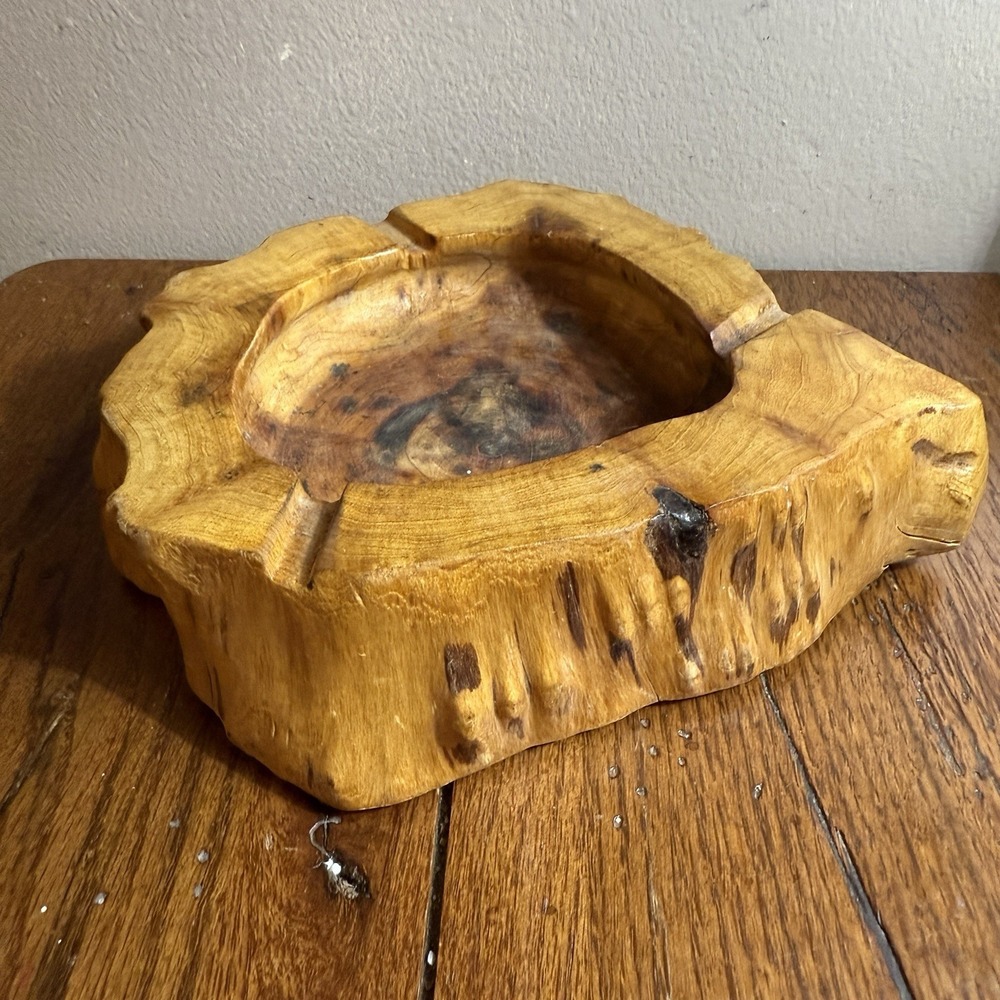 Rustic Raw Natural Edge Hand Carved Knotted Cypress Wood Burl Ashtray Glossy